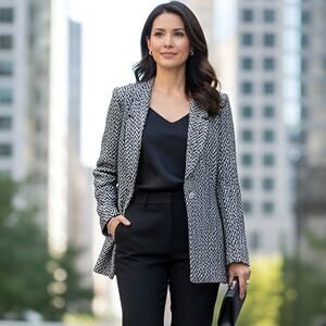 St. John Chevron Zigzag Tweed Wool Blend Blazer Black White Size 14